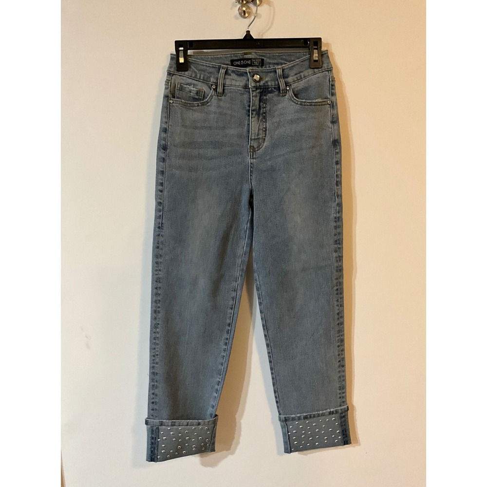 One 5 One Rhinestone Studded Cuff Straight Leg Jeans Medium Wash Blue Size 4/27